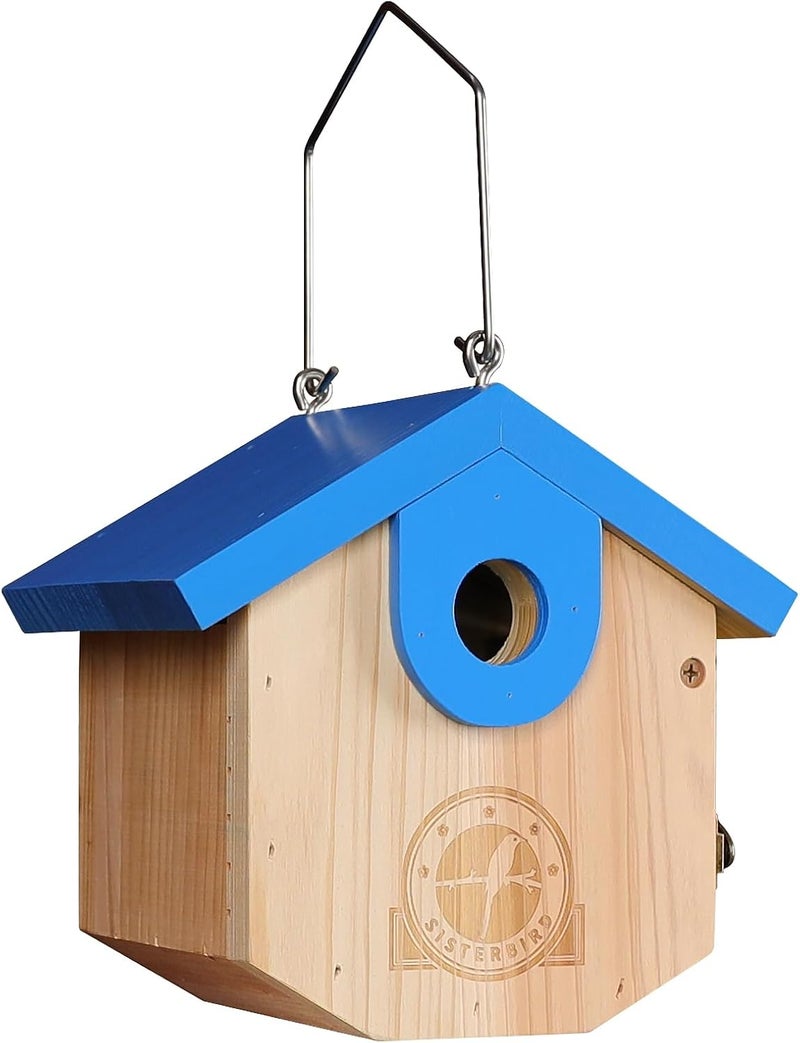 SISTERBIRD Wren Bird Houses for Outside Cedar Hanging Birdhouses for Outdoors 1-1/8" Entrance Hole Bird Houses for Outside Clearance Wooden Nesting Box Chickadee Predator Guard, Blue - Image 1